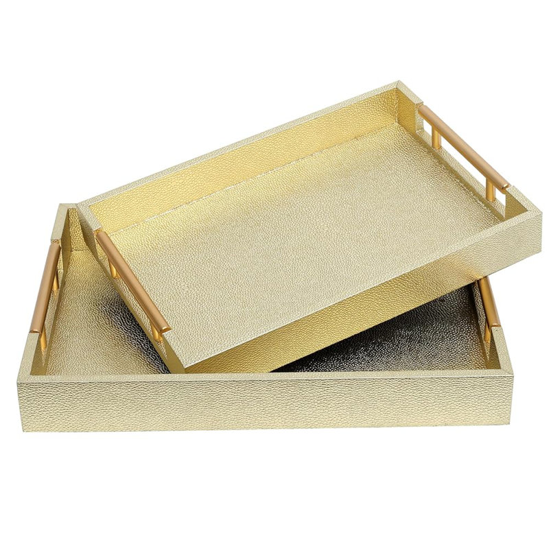 Set Of 2 Shagreen Serving Tray With Polished Metal Handles Wood Decorative Tray PU Leather With Brushed For Coffee Table Ottoman Console Table
