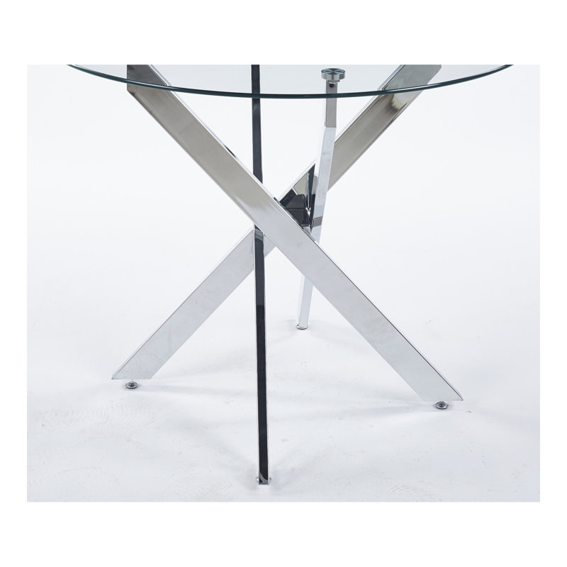 Table de salle à manger avec pieds croisés en métal et verre trempé, table de cuisine moderne pour le salon, pieds chromés