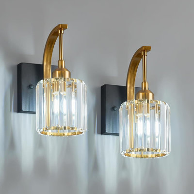 Set Of 2 Modern Wall Sconces With K9 Crystal Shades, Black Gold Vanity Lights For Bathroom, Hallway, And Makeup Area, Easy Installation With Standard Junction Box
