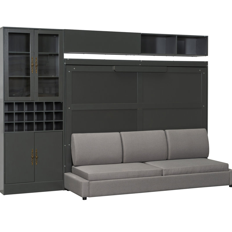 Grand lit avec tablettes, gris, confortable et peu encombrant pour les espaces muraux multifonctionnels de la taille d'un appartement