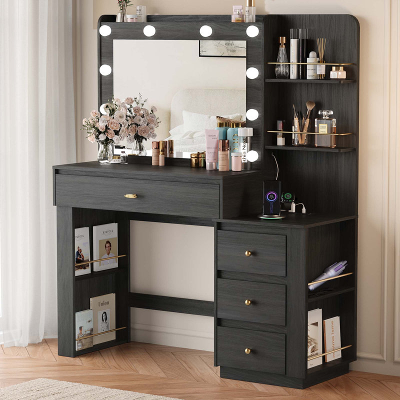 Bureau de maquillage avec miroir et lumières 3 couleurs, coiffeuse avec 10 ampoules DEL et prise de courant, grande coiffeuse avec 4 tiroirs, 6 tablettes de rangement pour la chambre à coucher, noir