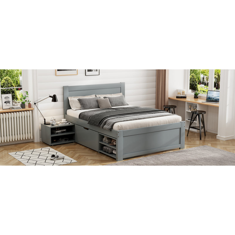 Lit plateforme simple avec tiroir et deux tablettes, Gris