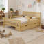 Lit plateforme double en bois pleine grandeur avec garde-corps double et 2 tiroirs de rangement, naturel-129766820-129766828