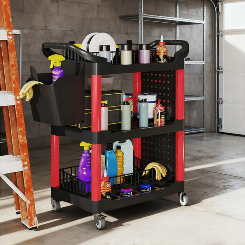 Chariot utilitaire en plastique d'une capacité de 200 lb avec tablette latérale et seau de rangement, chariot à outils roulant