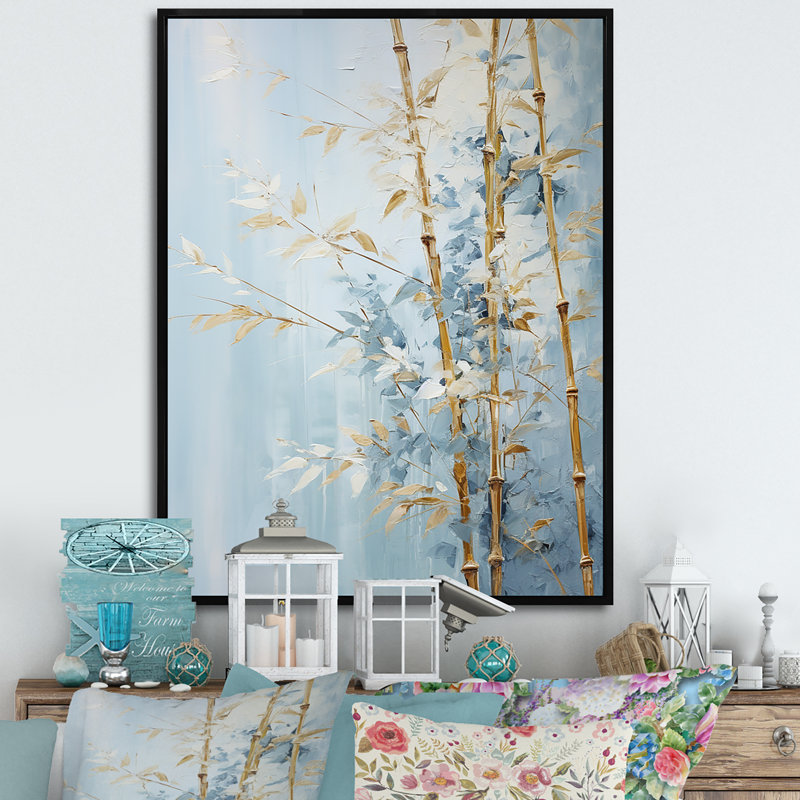 Or et bambou bleu sur toile, H 44 po x l 34 po x P 1,5 po, Cadre flottant noir
