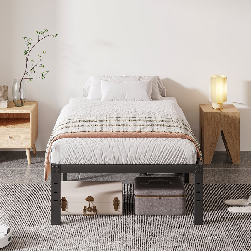 Marple 16 Inch Metal Platform Bed Frame with Wood Slat Support, Heavy Duty Mattress Foundation, Noise Free, Extra Long Twin