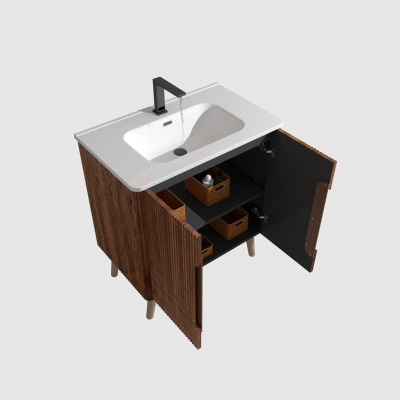 30" Striped Walnut Bathroom Vanity with Sink, Freestanding & Wall Mounted Bathroom Cabinet Options