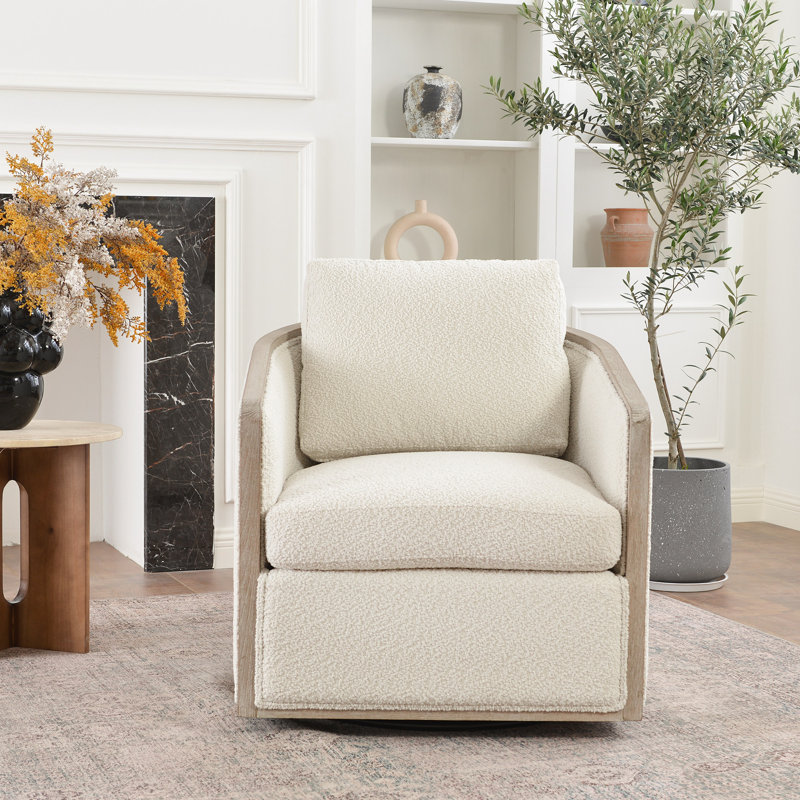 Fauteuil demi-tonneau pivotant de 30 po Holl, Tissu performance bouclé blanc