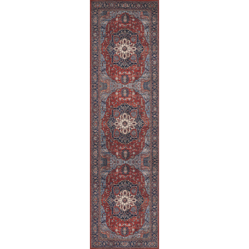 Tapis oriental rouge / bleu Geetha, Tapis de couloir 2 pi 3 po x 7 pi 6 po