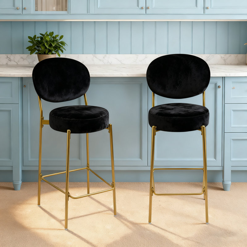 Velvet Upholstered Bar Stools Round  Set of 2 , Black