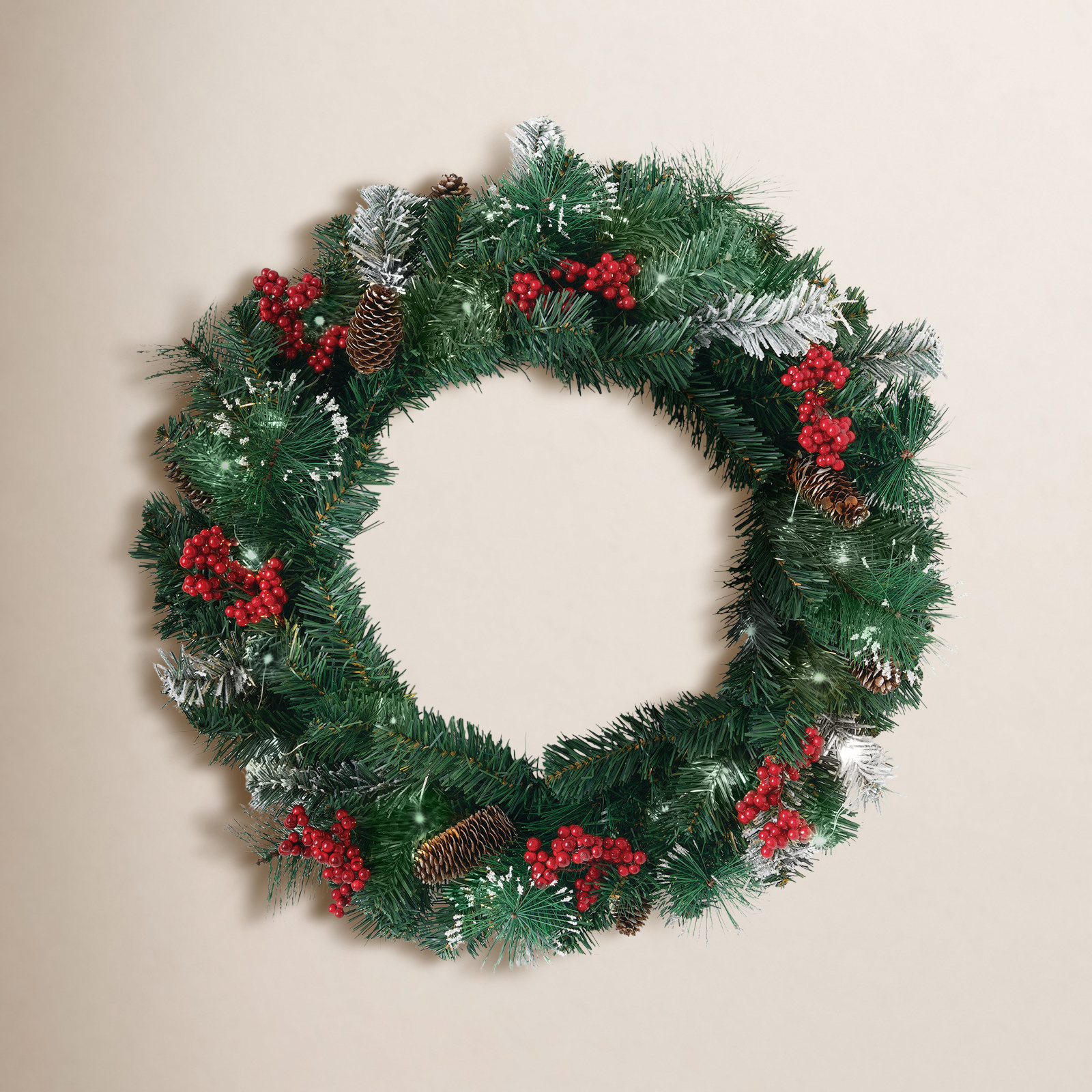 Artificial 24" LED Mixed Pine Christmas Wreath with Flocking, Pinecones and Berries, Green