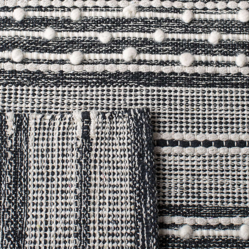 Hartwig Striped Handwoven Cotton Black/Ivory Area Rug, Rectangle 9' x 12'