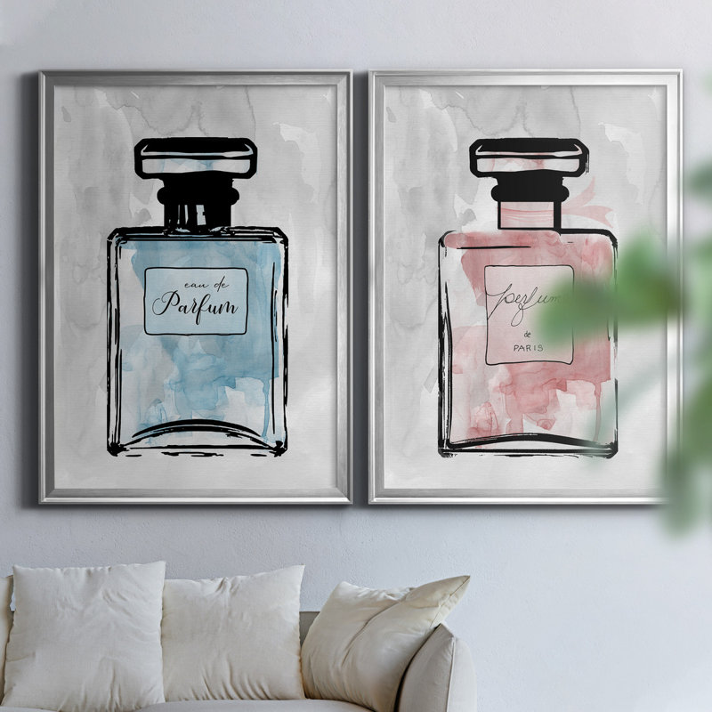 «Blue Wash Perfume», ensemble de 2 reproductions d'art, Pas de tapis, Toile encadrée argentée, H 30,5 po x l 85 po x P 3 po