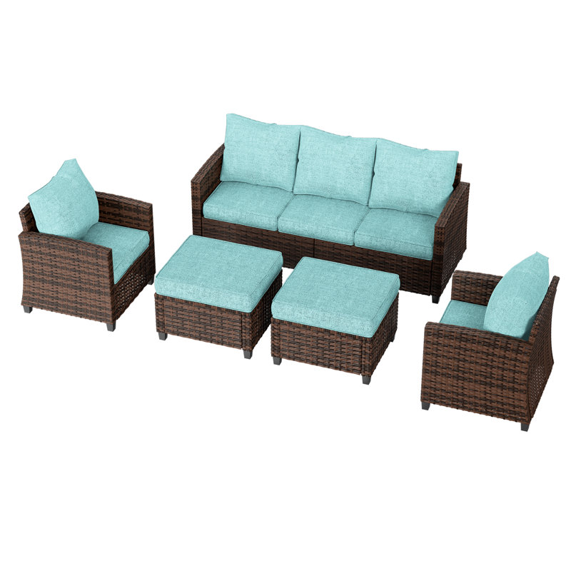 Mashawna Wicker 5 - Person Patio Conversation Set with Cushions, Brown Frame/Light Blue Cushion