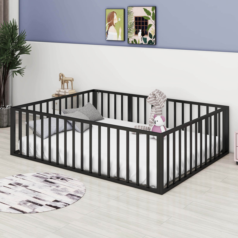 Diocles Metal Floor Bed Frame with Fence & Door, Black, Queen