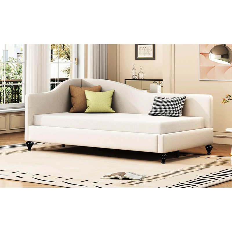 Lit de jour en L beige avec pieds en bois massif pour une chambre à coucher simple élégante, Lit simple, Beige