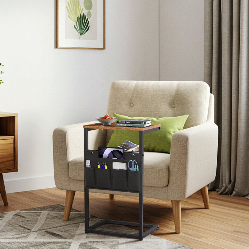 27“ C shaped Side Table with Charging Port, Small End Table with LED Light & Storage Bag,Nightstand for Living Room