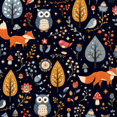 Peel and Stick Wallpaper Whimsical Forest Foxes Owl Birds Trees Floral Elements Contact Paper Removable Self Adhesive Wall Mural Wall Decor for Bedroom Kitchen Cabinets 24in x 118in