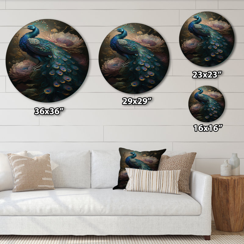 Paon avec fleurs - animaux, art rond en métal, H 29 po x l 29 po