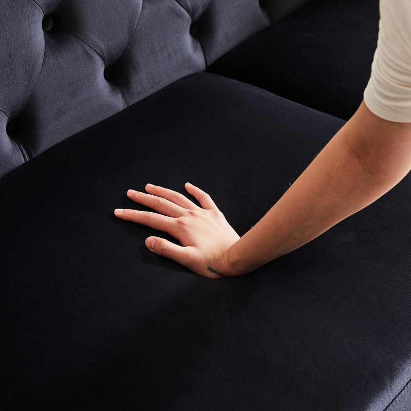 Élégant velours à 6 places avec accoudoirs roulés, coussins en mousse et pieds en métal, Noir