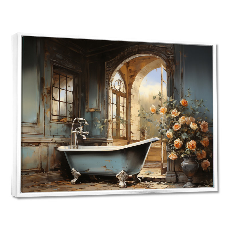 «Bathroom Vintage Elegance II», impressions sur toile de salle de bain, H 24 po x l 32 po x P 1 po, Cadre flottant blanc