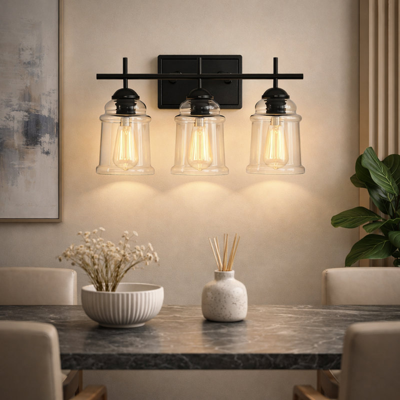 Modern 3-light Matte Black Vanity Light With Clear Glass Shades