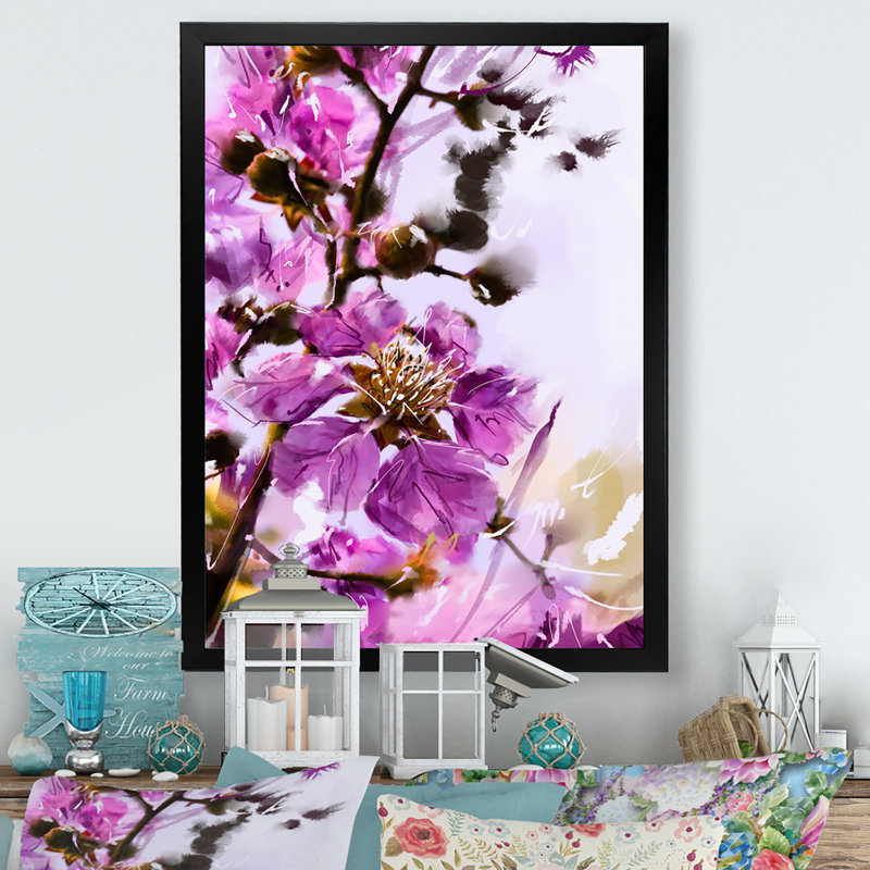 Fleurs mauves II - Peinture, Cadre photo noir, H 20 po x l 12 po x P 1 po