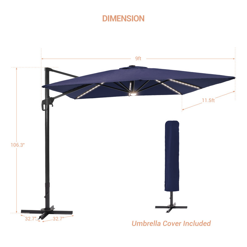 Parasol rectangulaire en porte-à-faux avec éclairage 137,7 po x 107,9 po Sedanur, Bleu marine
