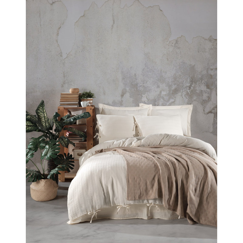 Ensemble de housse de couette luxueuse double, jacquard 100% coton, housse de couette 78,7 po x 86,6 po, drap plat 94,5 po x 102,4 po, comprend 4 taies d'oreiller (2 Oxford) | Élégant beige et crème, lavable à la machine, doux et durable