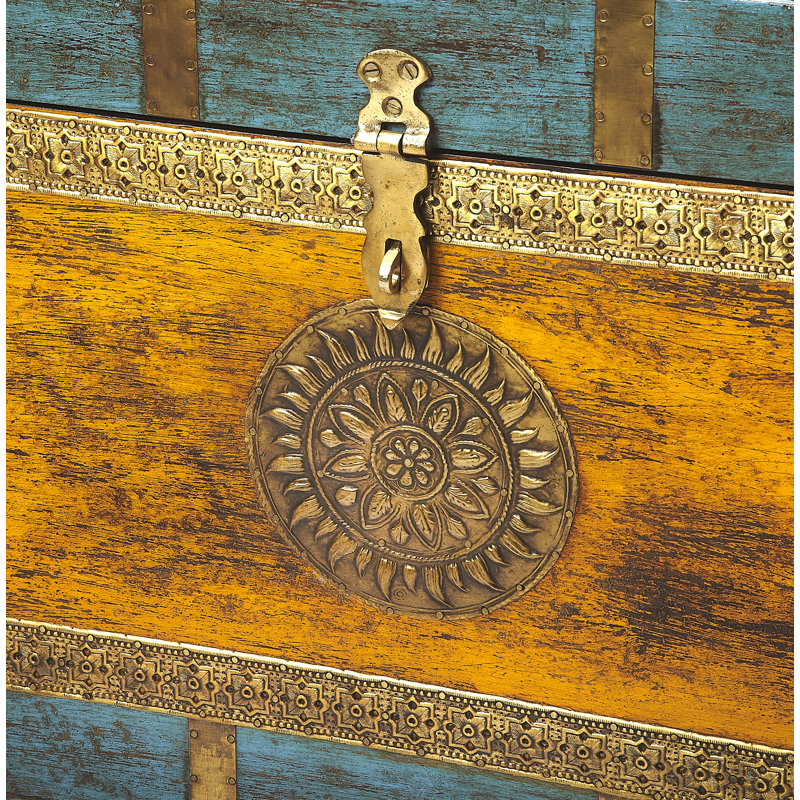 Nador Hand-Painted Brass Inlay Storage Trunk Coffee Table, Blue/Gold