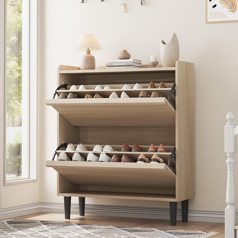 16 Pair Shoe Cabinet With 2 Flip Drawers, Wooden Shoe Organizer Cabinet With Adjustable Shelf, Shoe Storage For Entryway, Hidden Shoe Cabinet For Hallway