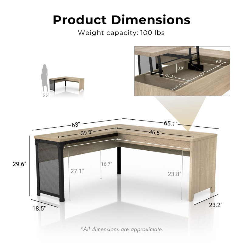 Korryn 65.1''W Lift-Top L-Shaped Executive Desk with Storage