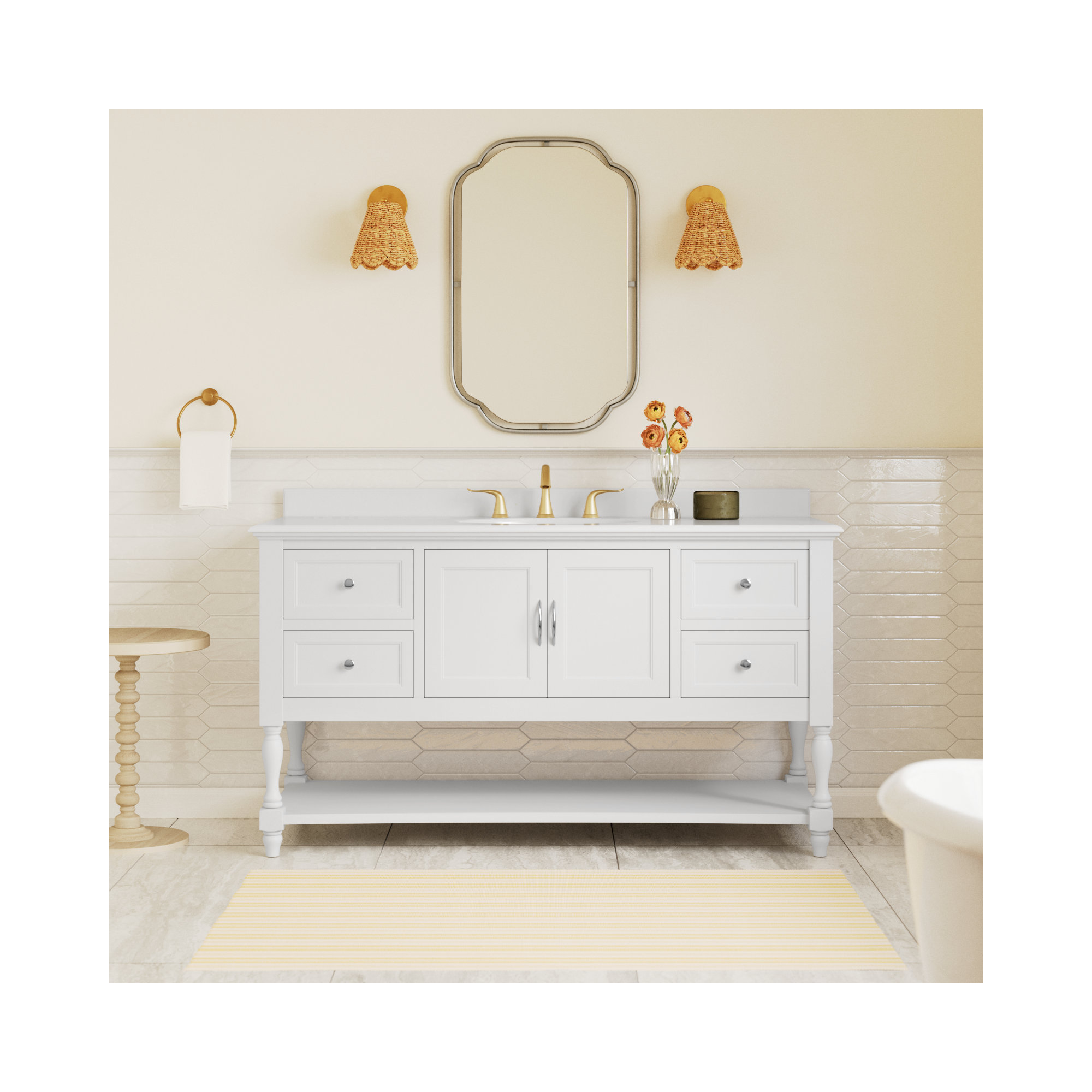 Hampton 60'' Single Bathroom Vanity, White, Quartz