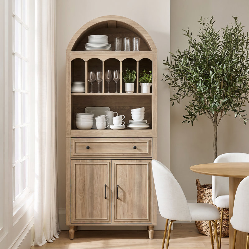 Armoire de cuisine cintrée de 76,2 pouces de haut avec vaisselier, tiroir et portes, Light Oak