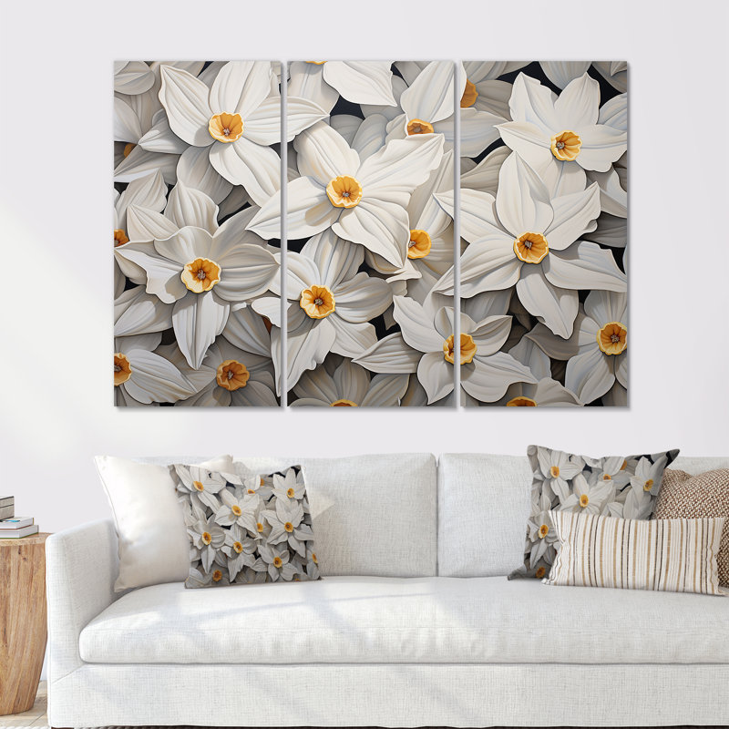Minimalisme, jonquilles blanches III - ensemble de jonquilles sur toile, H 28 po x l 36 po x P 1 po, Toile tendue