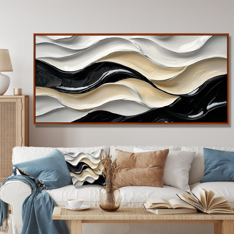 Vagues parallèles de noir et de crème Fusions II - réalisme abstrait, art mural, H 28 po x l 60 po, Cadre flottant, Brun