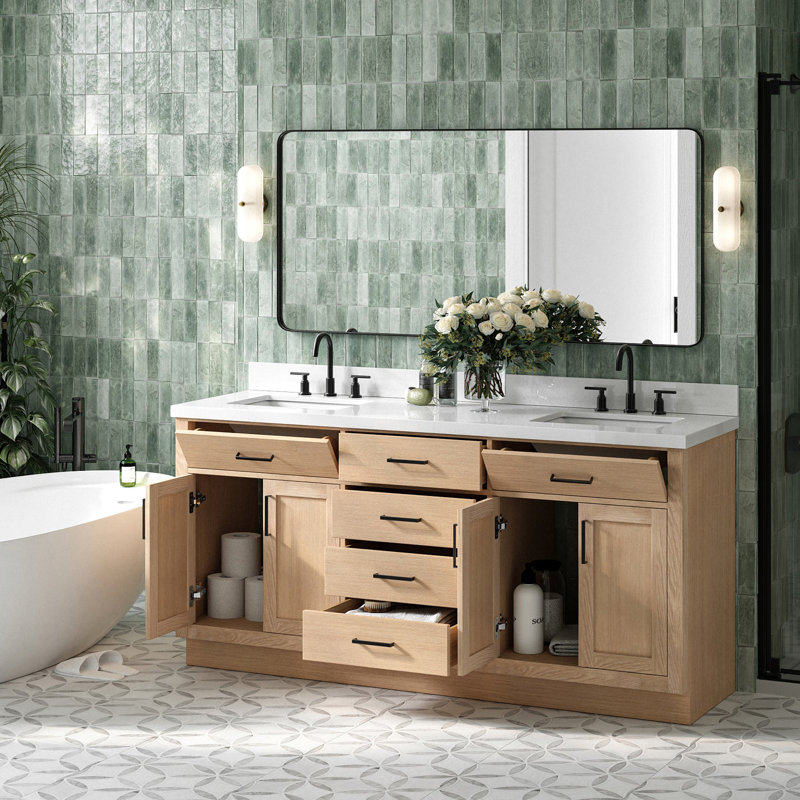 Tidworth 72'' Solid Wood Double Bathroom Vanity with 1.5'' White Quartz Top, Rectangular, Oak