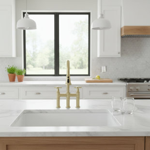 Pull-Down Sprayer Kitchen Faucet, Bridge Style With Double Handles For 3-Hole Widespread Sink