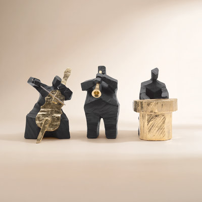 Resin Musician Figurines, Three-Piece Gold Violin, Accordion and Saxophone People Sculptures