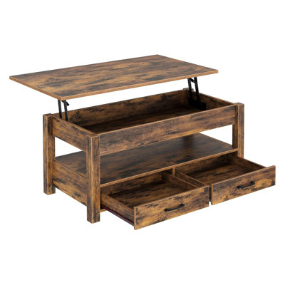 Lift Top Coffee Table With Storage Drawers And Hidden Compartment, Adjustable Height Rustic Wooden Coffee Table For Living Room With Open Shelf And Ergonomic Design