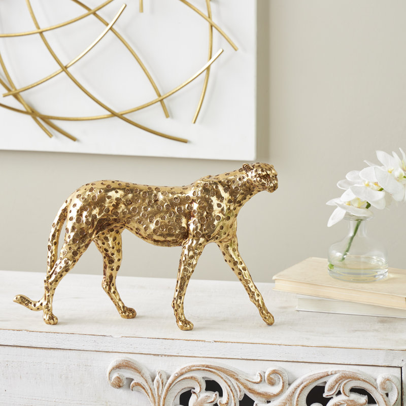 Wardel Resin Walking Leopard Decorative Gold Sculpture with Textured Spots, 10.2" H x 16.65" W x 3.15" D