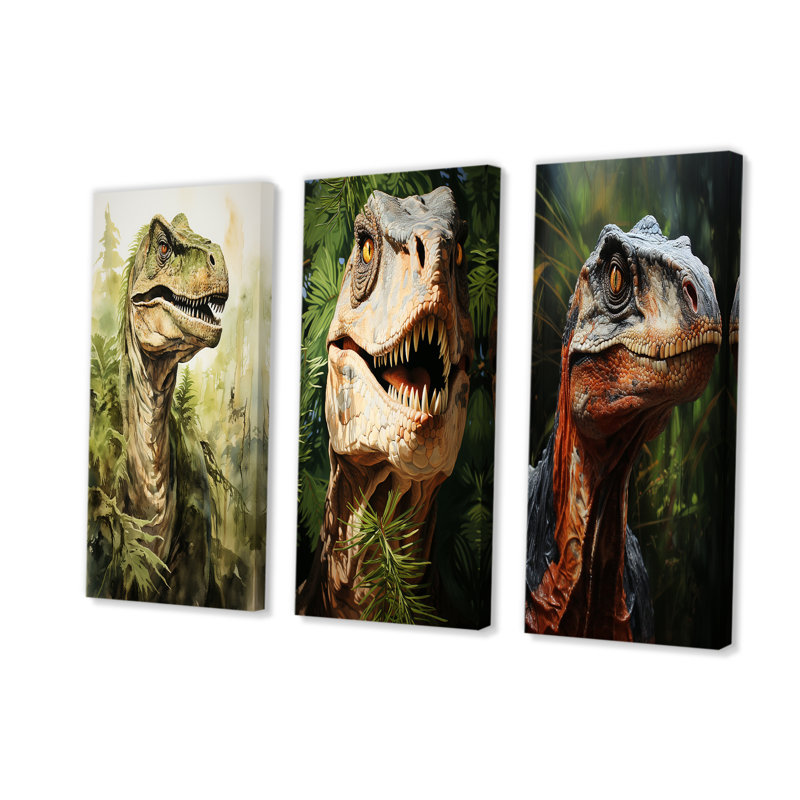 «Green Velociraptor In Jungle I», ensemble de 4 reproductions d'art sur toile, Toile tendue, H 28 po x l 36 po