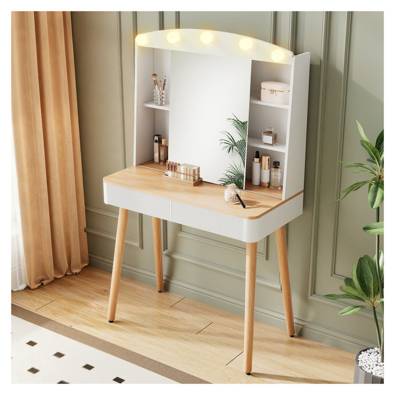 Petit bureau de meuble-lavabo avec miroir lumineux, 3 modes d'éclairage couleur et miroir coulissant, ensemble de coiffeuse avec de grands tiroirs de rangement pour la chambre à coucher, coiffeuse à maquillage blanche