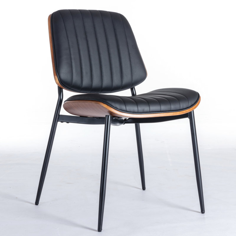 Mid Century Modern Dining Chairs, Of 2, Faux Leather Upholstery Seat, Walnut Back And Metal Legs, Adjustable Foot, Black Pu For Home Room Chairs , Back, Ergonomic Design