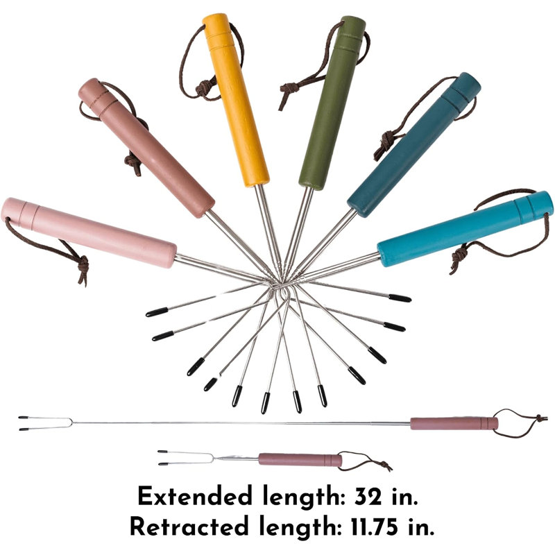 6 bâtonnets à rôtir de couleur guimauve aux couleurs bohémiennes, acier inoxydable extensible avec poignées en bois massif, bâtonnets Smore pour foyer