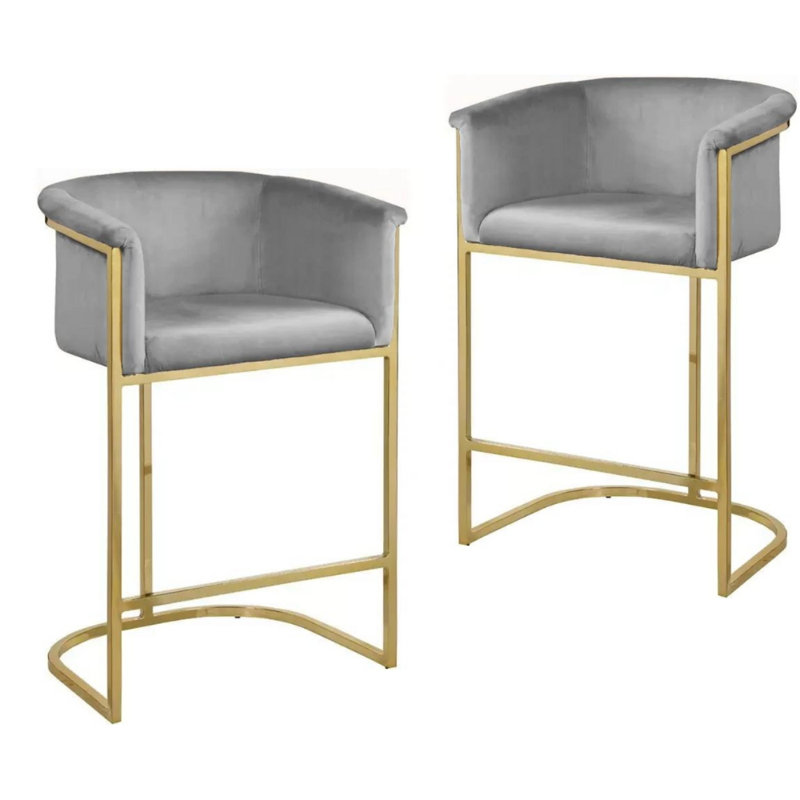 Gray Velvet Upholstered Counter Stool with Gold Metal Frame, Set of 2