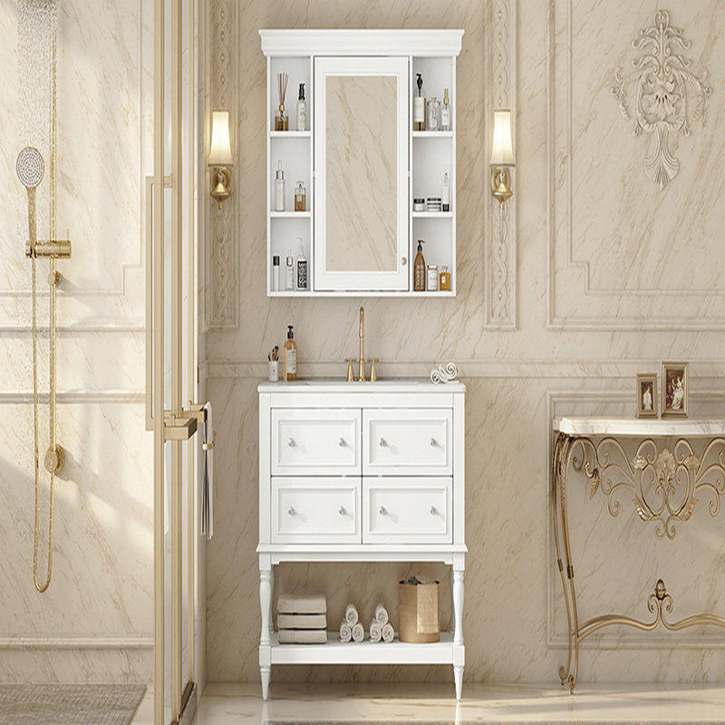 Meuble-lavabo de 36 po avec armoire à pharmacie, armoire à miroir moderne avec tablette réglable, armoire de rangement pour salle de bain à 4 tiroirs, armoire de rangement pour cadre de salle de bain en bois massif