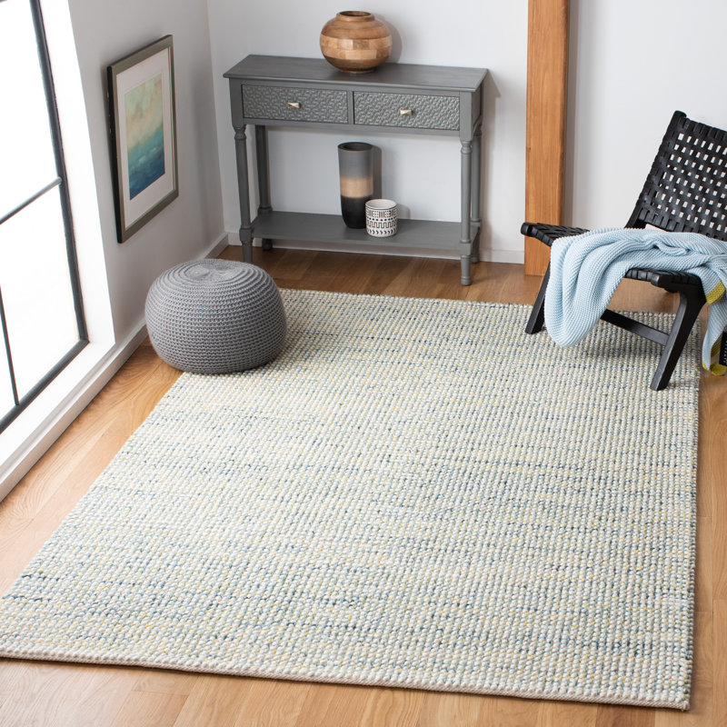 Tapis ivoire / bleu en laine tissé à la main, Rectangle 4 pi x 6 pi