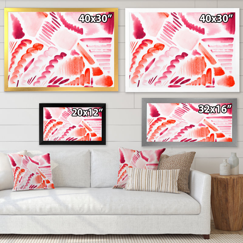 Éléments graphiques rétro en orange et rouge I - peinture sur toile, H 34 po x l 44 po, Cadre photo argenté