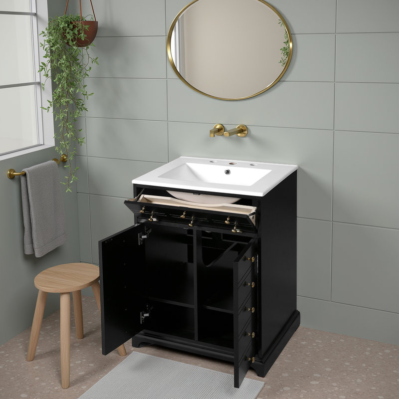 Black 24" Bathroom Vanity with Ceramic Sink, Tip-Out Drawer, and Soft-Close Doors